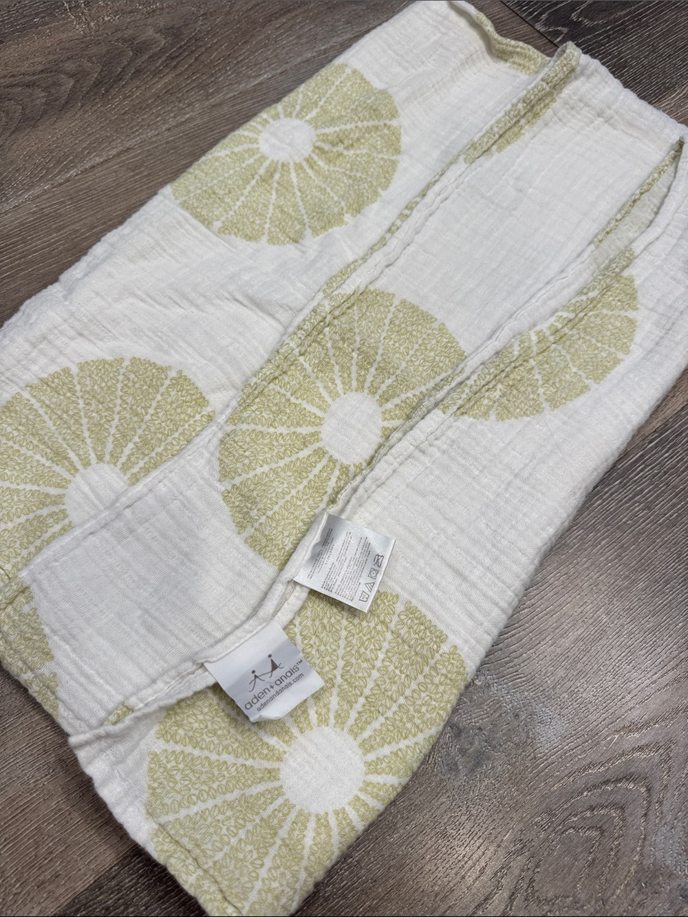 aden + anais White Muslin Swaddle with Pale Green Sunburst Print 46”X46”